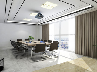 Large conference room, wooden table, chairs and projections