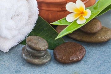 tropical objects for relax massage treatment on spa table