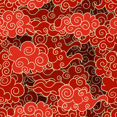 Vector Seamless Oriental Pattern, Red and Golden Colors.