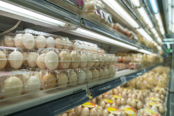 Packaging of chicken eggs on supermarket shelves. Asian food