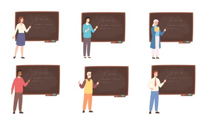 Collection of male and female school or college teachers, professors, education workers standing beside chalkboard, holding pointer and teaching. Colorful vector illustration in flat cartoon style.