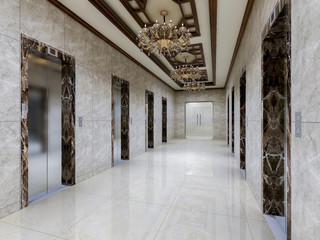 Elevator corridor in the luxury hotel lobby