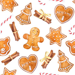 Watercolor christmas seamless pattern with gingerbread cookies, cinnamon and  candy cane.