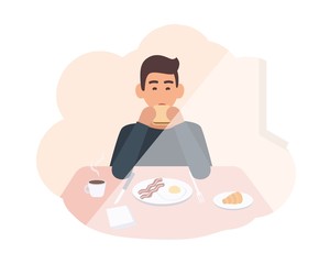 Happy young man sitting at table and eating delicious morning meal. Male character having breakfast at home. Smiling boy chewing sandwich. Colorful vector illustration in flat cartoon style.