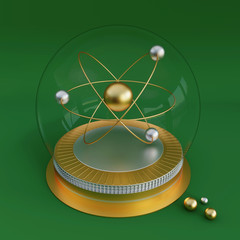 Science 3d symbol of an atom in a crystal ball. Concept for physics in the future.