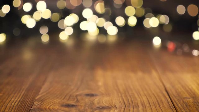 Wooden table background, Christmas light bokeh