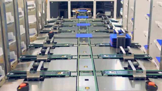 Wide angle view automated manufacturing process of solar panels. 4K.