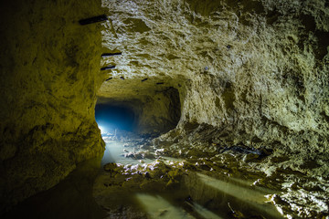 Dark dirty flooded abandoned mine