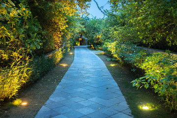 Garden path in resort with warm light and trees on side at evening, Garden Decoration.