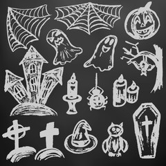 Halloween. Collection of festive elements. Autumn holidays. Pumpkin, spider web, ghosts, sinister castle, candle, owl, coffin, cemetery, tree, bat, spider