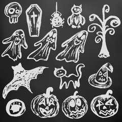 Halloween. A set of funny objects. White chalk on a blackboard. Collection of festive elements. Autumn holidays. Pumpkin, eye, coffin, tree, bat, spider, cat, witch hat, owl, skull, ghosts