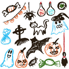 Halloween. A set of funny objects. Vector illustration. Collection of festive elements. Autumn holidays. Pumpkin, ghost, spider, candy, eye, bat, broom, flags, potion, cat, cemetery