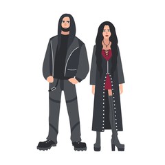 Man and woman with long loose hair dressed in black leather clothes isolated on white background. Counterculture or subculture of heavy metal music fans. Flat cartoon colorful vector illustration.