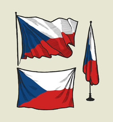 flag of Czech republic on the wind and on the wall illustration set