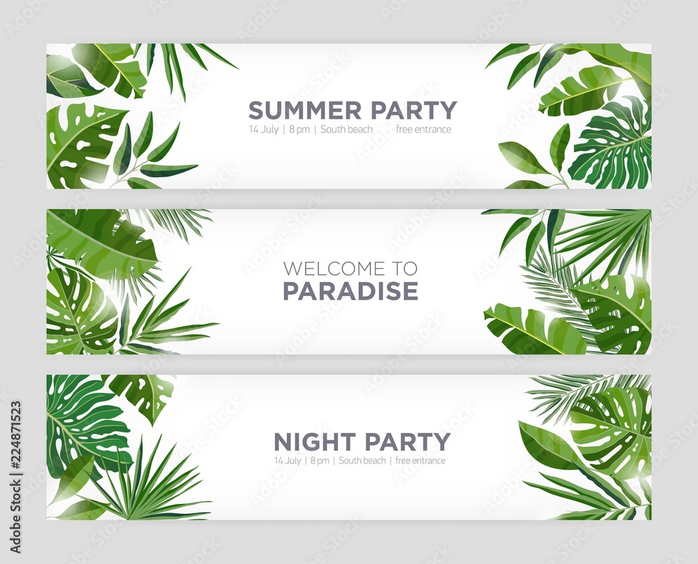 Poster collection of horizontal web banner templates with green tropical foliage of exotic jungle plants an