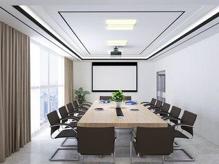Large conference room, wooden table, chairs and projections