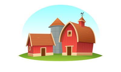 Red farm barn with grain silo, isolated. Cartoon vector illustration.