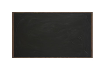 Black chalkboard with colored wooden frame on isolated white background composition
