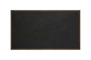 Black chalkboard with colored wooden frame on isolated white background composition