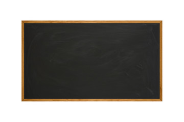 Black chalkboard with colored wooden frame on isolated white background composition