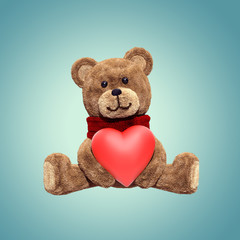 3d render, cute shy vintage teddy bear, plush toy, sitting, looking at camera, wearing red scarf,...