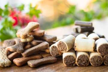 Dog tasty colored biscuits on wooden background, snacks for dogs