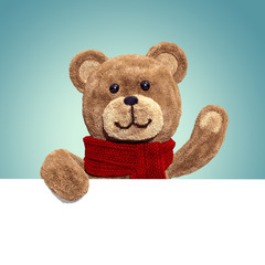 3d render, cute vintage teddy bear, plush toy, wearing red scarf, holding blank card, weaving hand, funny cartoon character, isolated on blue background