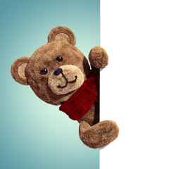 3d render, cute vintage teddy bear, plush toy, wearing scarf, cartoon character holding blank page, looking out the corner, hiding behind wall