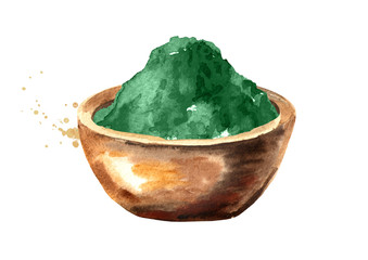 Organic spirulina algae powder. Watercolor hand drawn illustration, isolated on white background
