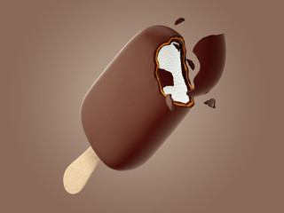 bitten dark chocolate ice cream candy isolated on color background, 3d illustration with perspective
