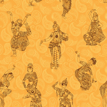 Seamless pattern. Oriental dancers on a bright background.