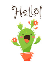 A happy cactus greets you Hello. Vector illustration in cartoon style