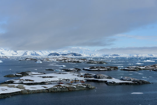 Antarctic landscape with mountains and islands