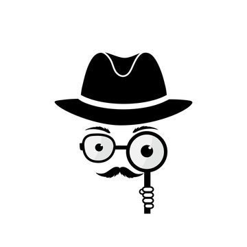 Unknown man with a mustache in hat, spectacles and a magnifying glass in hand. Inspector. Detective icon.