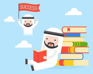Arab businessman sit at stack of books, read a book and dreaming about success
