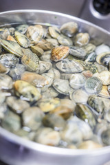 A lot of clams in water in a silver bowl
