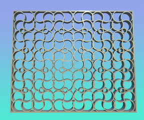 Metal lattice model 3D illustration 2. on gradient sky background. Geometric pattern textured metalwork sample.