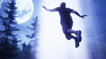 Fototapeta na wymiar UFO flies over the forest and captured man in the light beam. 3D Rendering