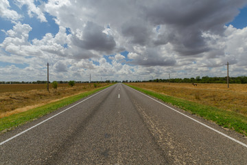 Asphalt road in the steppe and clouds in the blue sky.