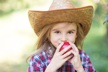 Girl with Apple in the Apple Orchard. Beautiful Girl Eating Organic Apple in the Orchard. Harvest Concept. Garden, Toddler eating fruits at fall harvest. Apple picking