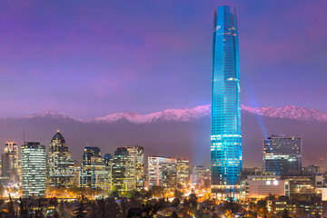 Fototapeta premium Financial district skyline with Los Andes Mountains in the back, Las Condes, Santiago de Chile