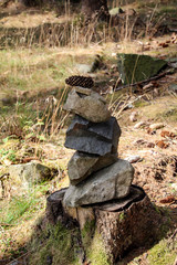 Steinstapel auf Baumstumpf, Zen 