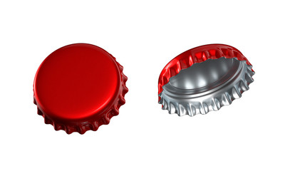 3d render, red gold bottle caps set, lids, isolated on white background