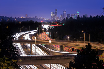 Interstate 5 and downtown skyline at night, Seattle, Washington State, USA