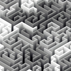 3d render, abstract geometric background, white gray labyrinth, maze, logical solution concept, digital illustration