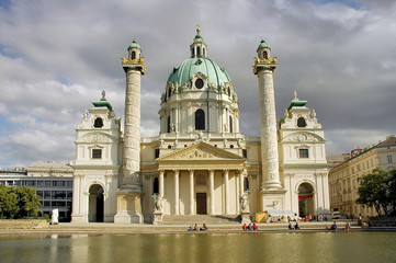 Fototapeta na wymiar View of Karlskirche, St. Charles Church, a baroque church located on the south side of Karlsplatz in Vienna, Austria.