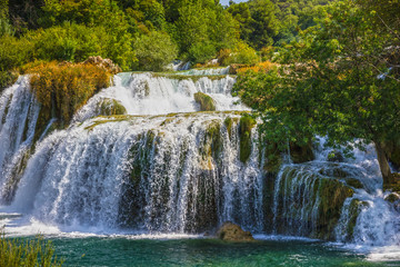 Krka national park, Croatia, Waterfall  lake natural travel background
