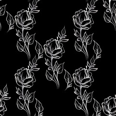 Lace elegant vintage floral pattern - silver line art on a black background, hand drawn vector illustration