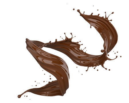 Chocolate splash isolated on white background, liquid or paint pouring.
