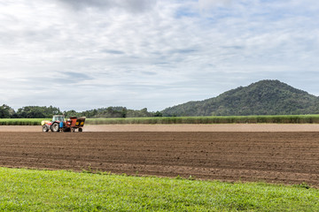 Ploughed cane field against cloudy sky